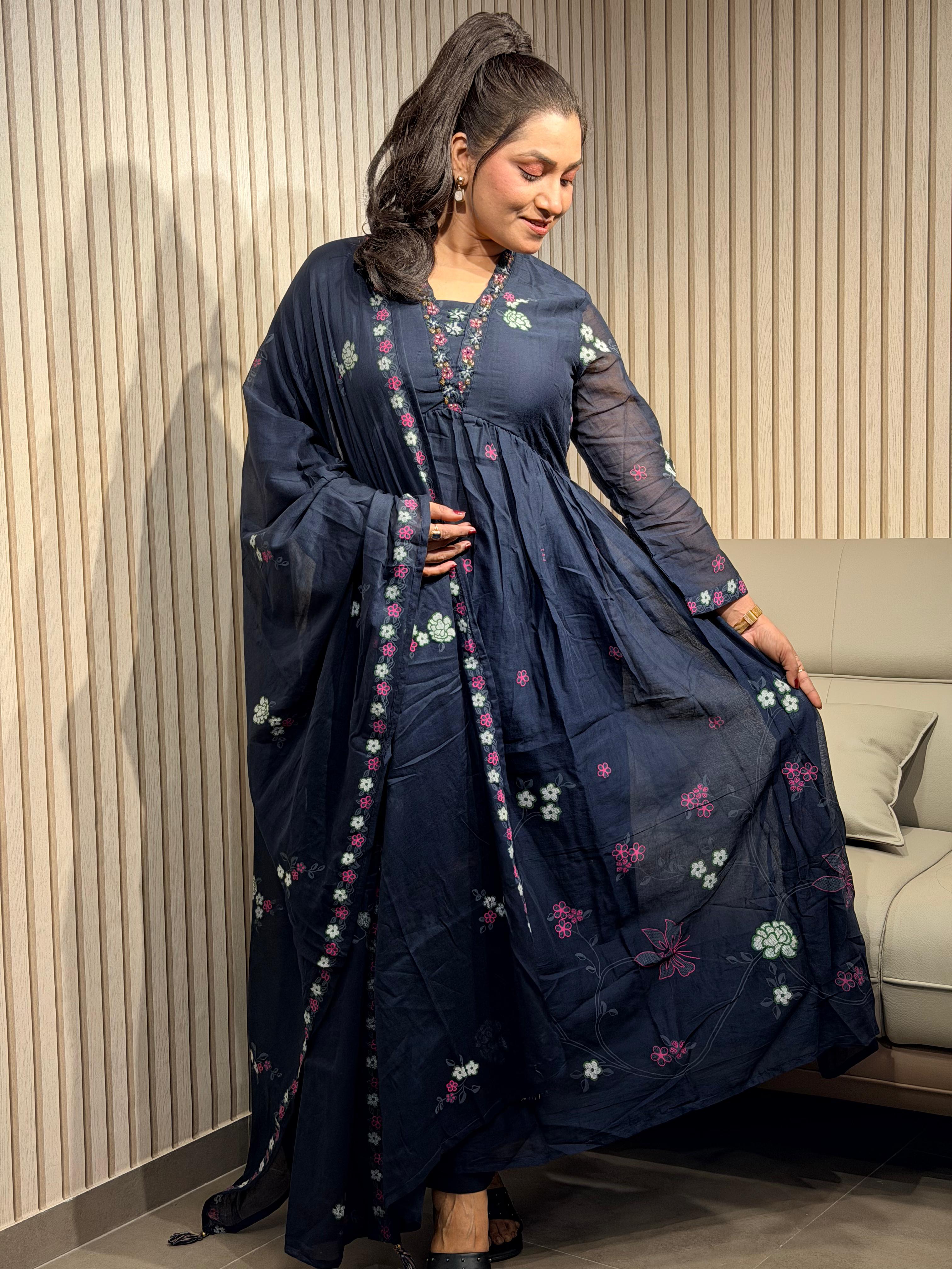 floral embroidery blue dress