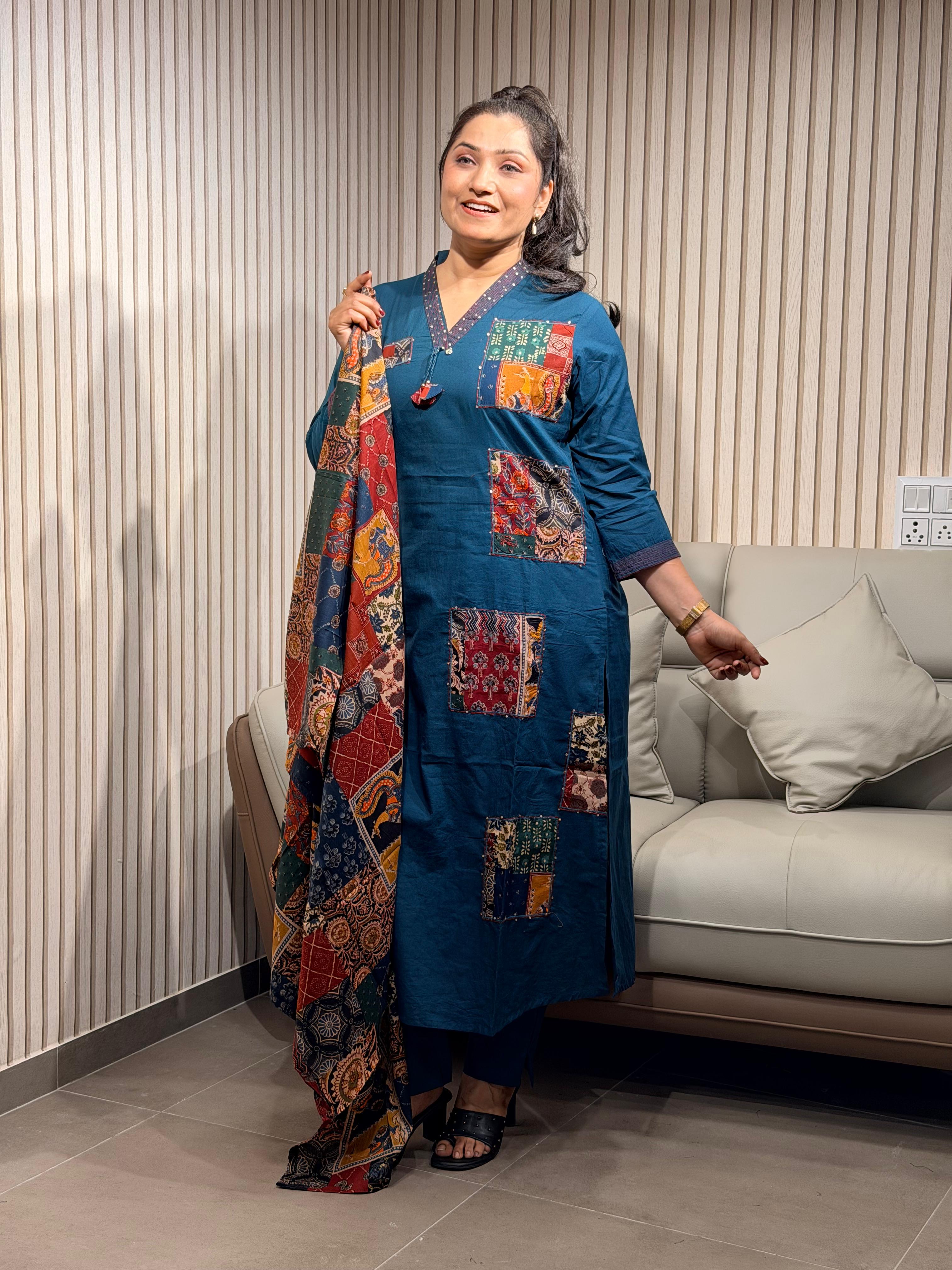 Blue ajrak with patchwork dress