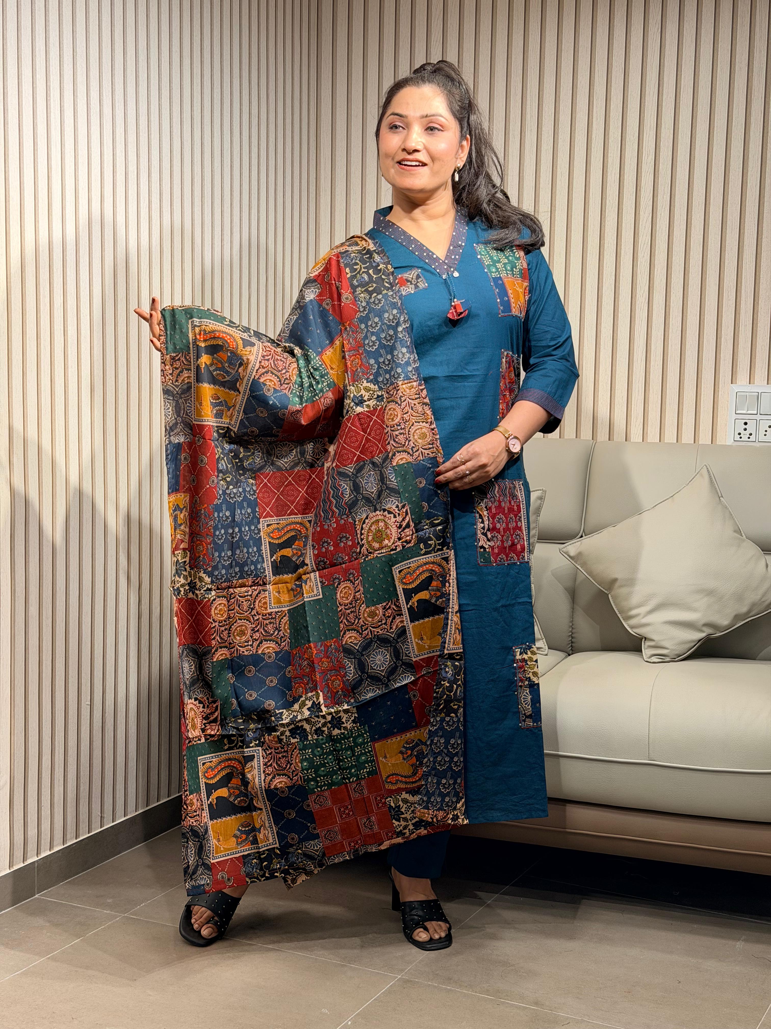 Blue ajrak with patchwork dress