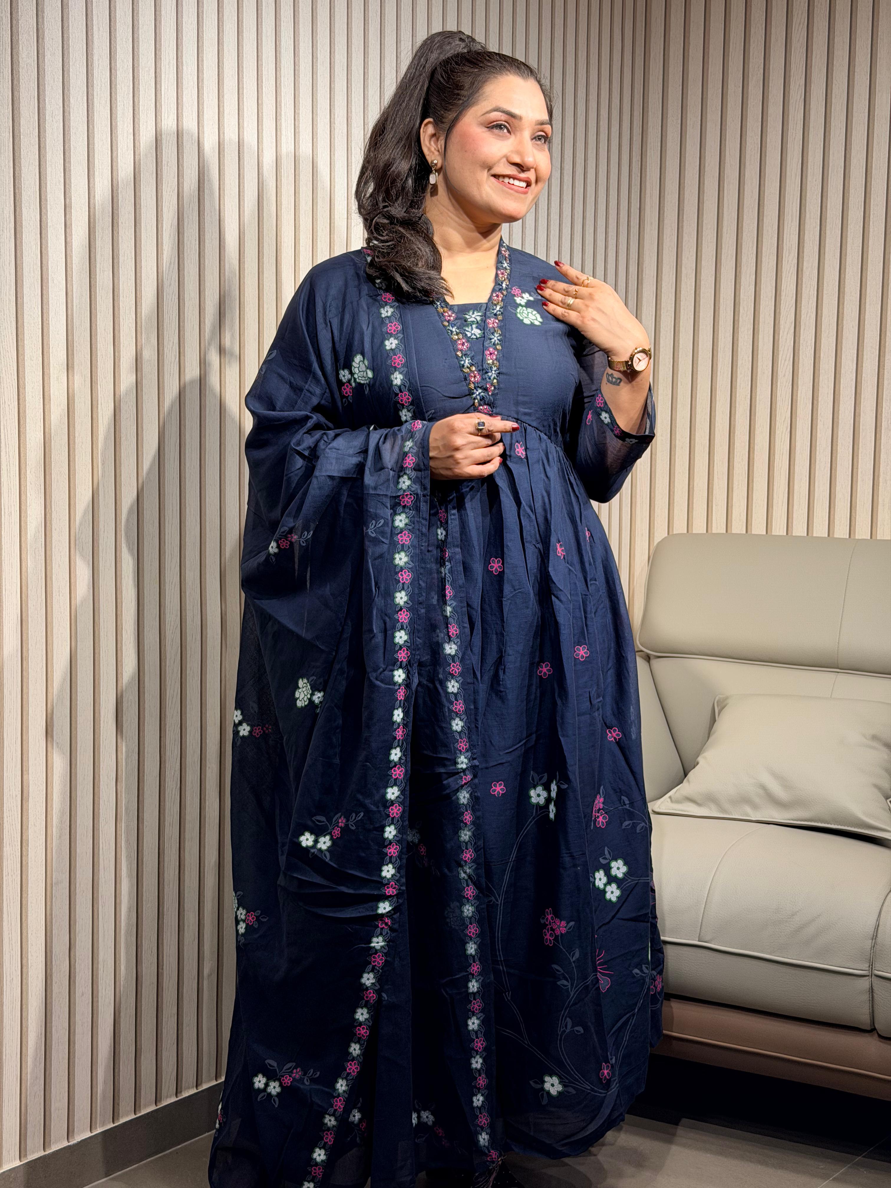 floral embroidery blue dress