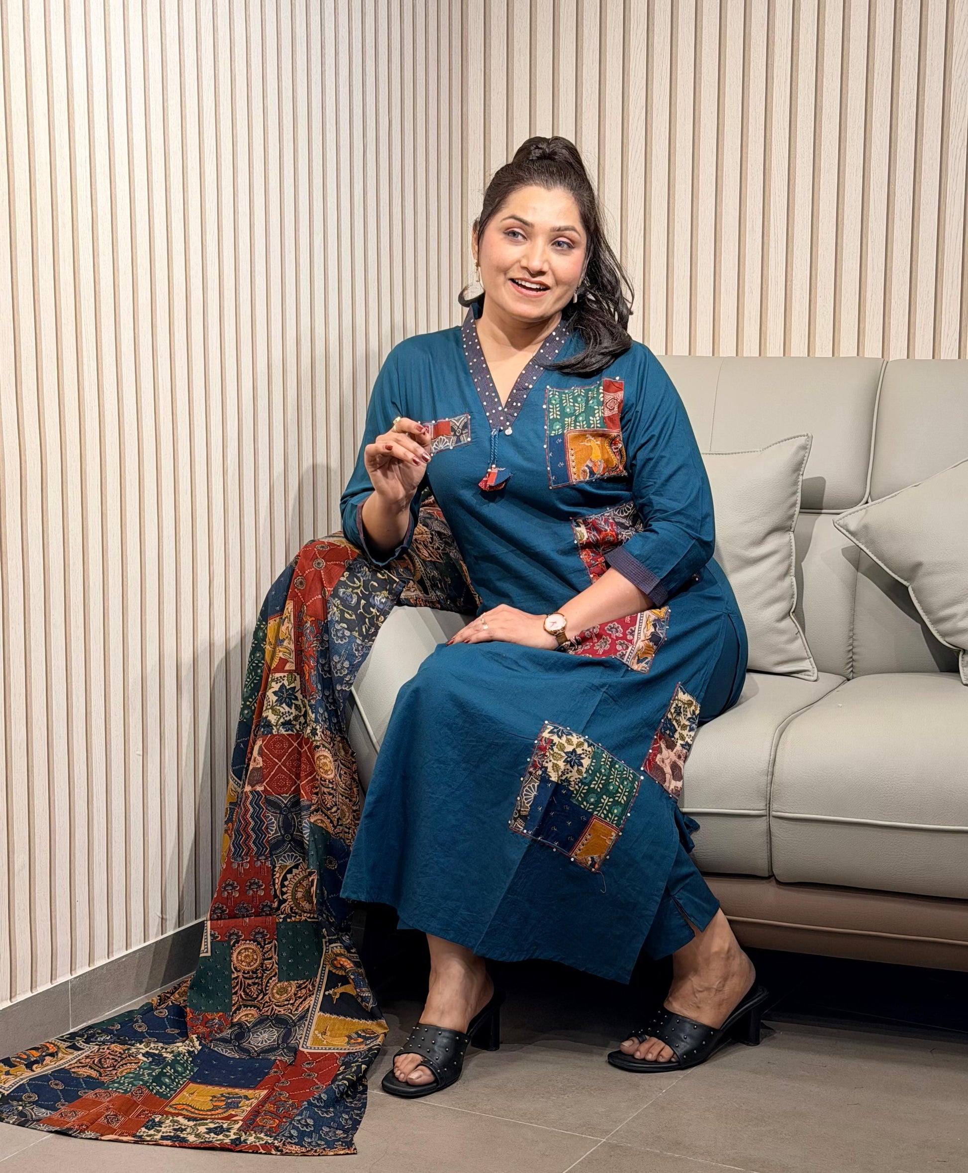 Blue ajrak with patchwork dress – Kamal Choice