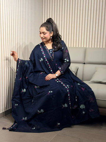 floral embroidery blue dress
